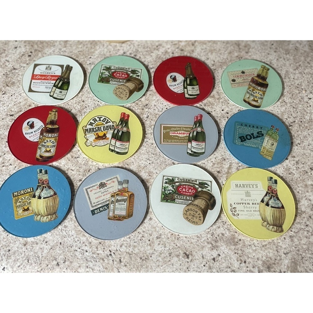 Vintage Glass‎ Coasters 12 Total Cork Back Vodka Gin Cognac Champagne Rum Brandy